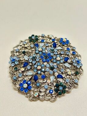 Vintage, Silver And Blue Crystal Large Floral Brooch